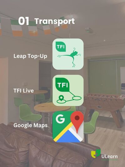 Transport apps: Leap Top-Up, TFI Live, and Google Maps